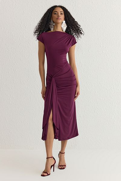 Trendyol Collection Βραδινό φόρεμα με κορδόνια με ρυθμιζόμενο κορδόνι με δαμάσκηνο TPRSS25EL00137