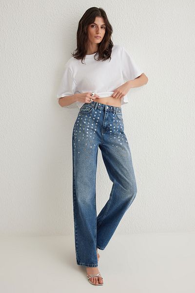 Trendyol Collection Blugi cu talie înaltă cu ochi albaștri TWOSS25JE00003