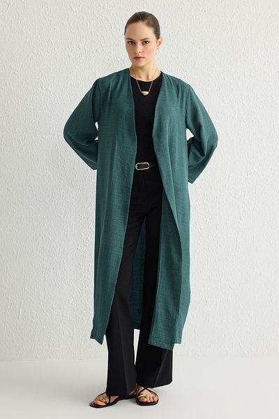 Trendyol Modest Indigo Linen Tkané Detailní Kimono & Kaftan - Detail kravaty Tctss24Kk00001