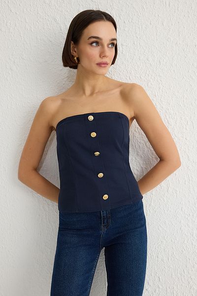 Trendyol Collection Μπλε Navy Soft Feeling Strapless Crop υφασμένη μπλούζα TWOSS25BZ00102