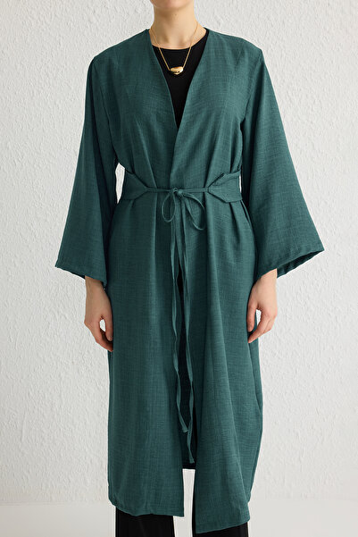 Trendyol Modest Indigo Linen Woven Λεπτομερές κιμονό & καφτάν - Λεπτομέρεια δεσίματος TCTSS24KK00001