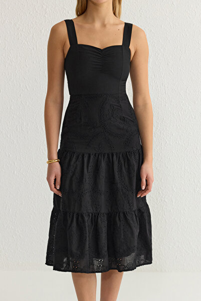 Trendyol Collection Black Waist Opening Lined Midi Embroidery Woven Dress TWOSS23EL00156