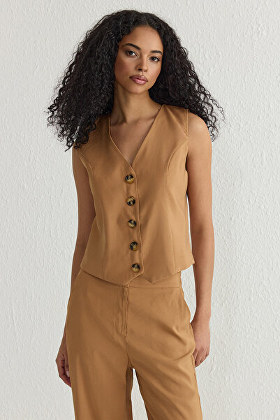 Trendyol Collection Σετ παντελόνι με μαλακό κούμπωμα Camel Modal και φαρδύ παντελόνι - TWOSS25AU00027