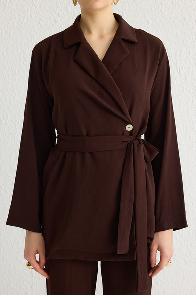 Trendyol Modest Brown Linen Look Double Breasted Belted Woven Bottom-Top Suit Tctss25Us00001
