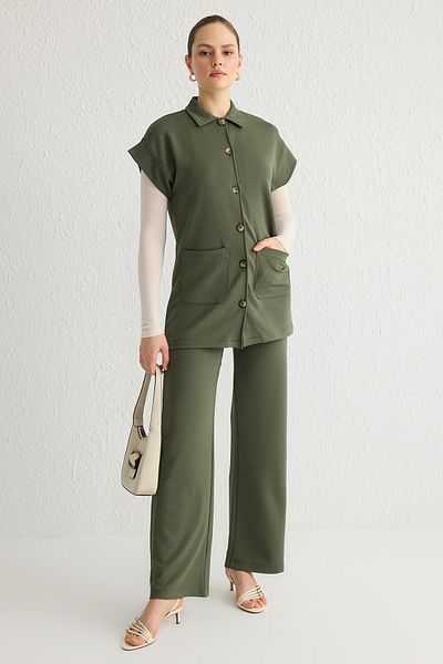 Trendyol Modest Khaki Crepe Knitted Bottom-Top Suit Tctss25Us00011
