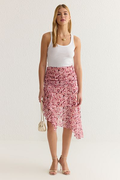 Trendyol Collection Fusta florală din șifon asimetrică roz TWOSS25ET00039