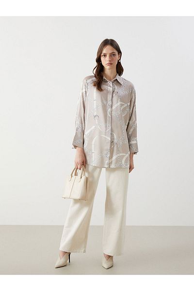 LC Waikiki Lcw Modest Beige Pattern Satin Women's Shirt Tunic