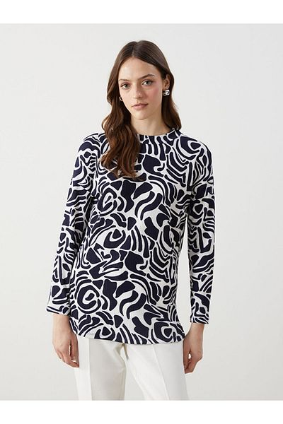 LC Waikiki Lcw Modest Navy Blue Stand Collar Patterned Women's Tunic