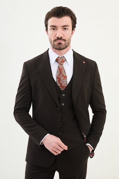 Mcr Straight Slim Fit Mono Collar Classic Men's Suit Brown - 45368.24K