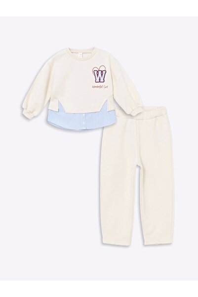 LC Waikiki Lcw Kids Ecru Girls Sweatshirt and Sweatpants Set - Crew Neck, Printed