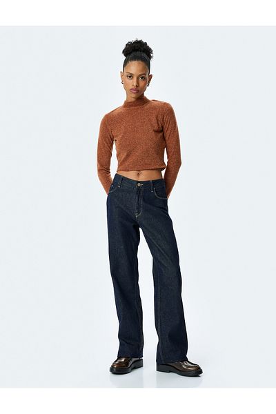 Koton Soft Textured Stand Collar Long Sleeve Crop T-Shirt