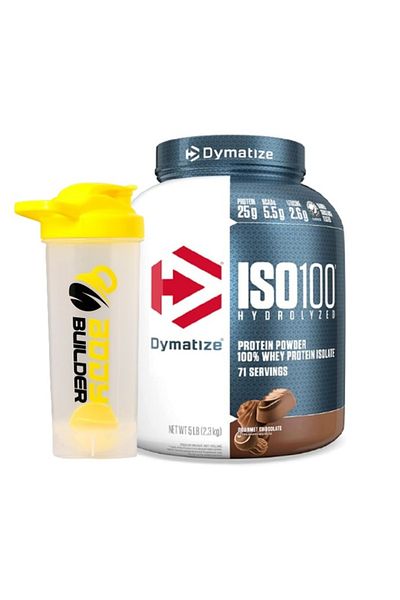 Dymatize Iso 100 Isolated Whey Protein + Body Builder Shaker, Gourmet Chocolate, 5lb