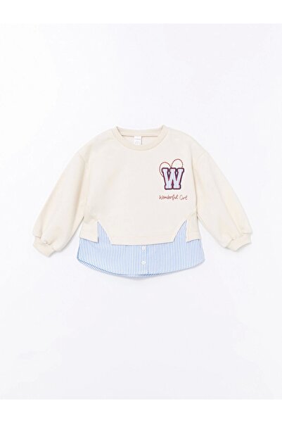 LC Waikiki Lcw Kids Ecru Girls Sweatshirt and Sweatpants Set - Crew Neck, Printed