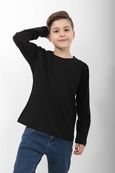 Perendi %100 Pamuklu Kız Ve Erkek Unisex Uzun Kollu Basic Tshirt Siyah