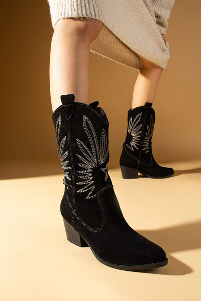 Pembe Potin Γυναικείες μαύρες σουέτ νέας σεζόν Cowboy Western κεντημένες μπότες