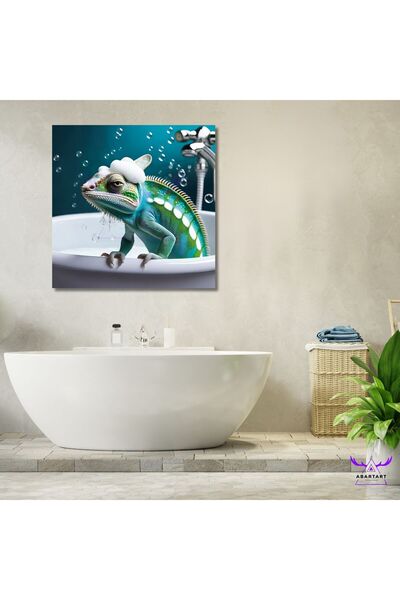 Tekli Kare Kanvas Küvette Banyo Yapan Bukalemun Tasarımı