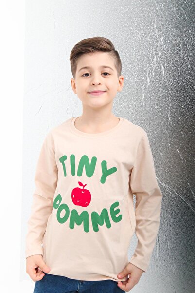 Perendi 100% βαμβακερό μακρυμάνικο μικροσκοπικό πομμέ με στάμπα για κορίτσια και αγόρια Unisex Tshirt Cream