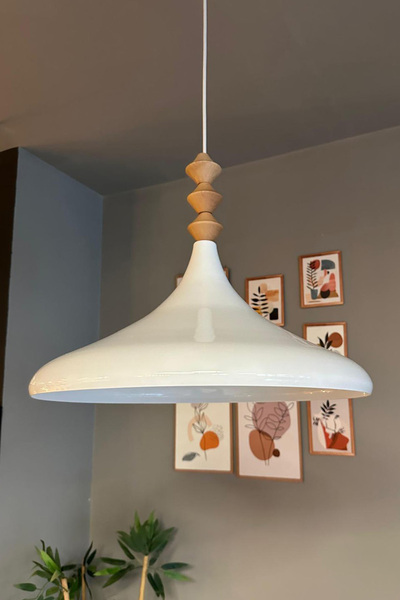 Bamyum 45 cm Çaplı XL Beyaz Q Ahşap Başlık Avize Tekli Sarkıt Restoran Salon ...