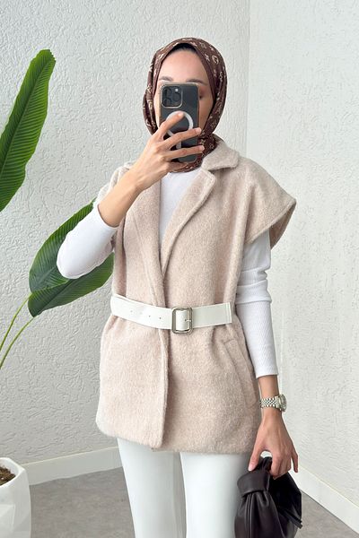 Salih Çelebi Fixed Belted Felt Vest 3031 - Stone Color