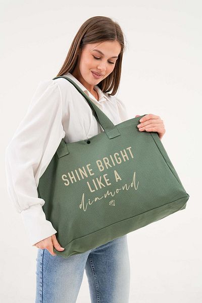 Çınar Bez Çanta Diamond Printed Green Large Size Canvas Bag with Snap Fastener