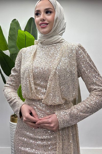 Tesettür Diyarı Women's Train Detailed Sequin Embroidered Evening Dress