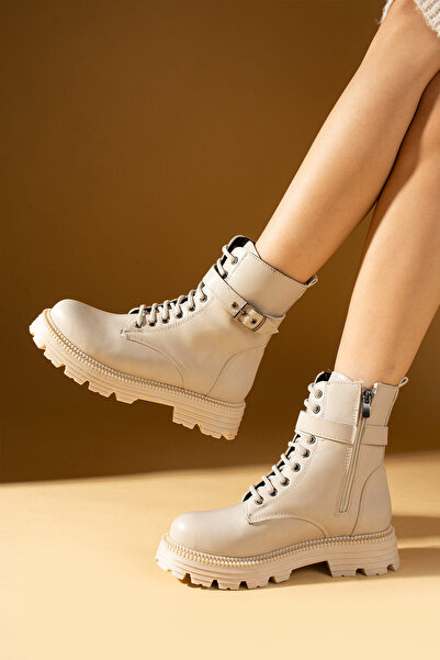 Pembe Potin Kadın Bej Poli Taban Fermuarlı Günlük Rahat Kalıp İçi Sıcak Astarlı Bot Postal