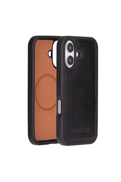 Bouletta Apple iPhone 16 uyumlu, Hakiki Deri, El Yapımı Kılıf, Parlak Siyah