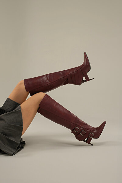 AYAKKABI PRENSİ Debi Burgundy Matte 10 cm Women's Boots, Heeled Boots