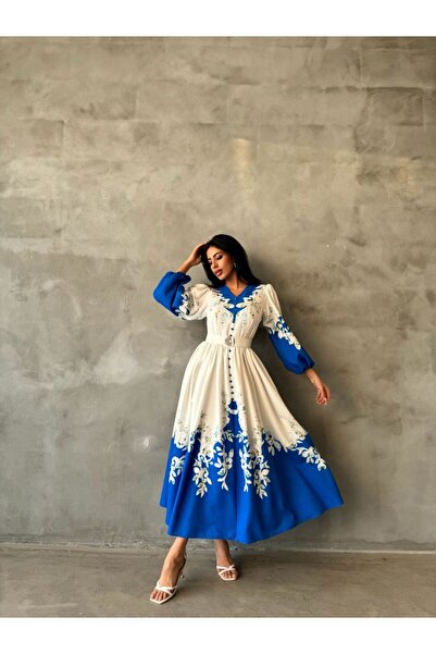 WellWay Μπλε υφασμάτινο φόρεμα Atlas (περιλαμβάνεται ζώνη)