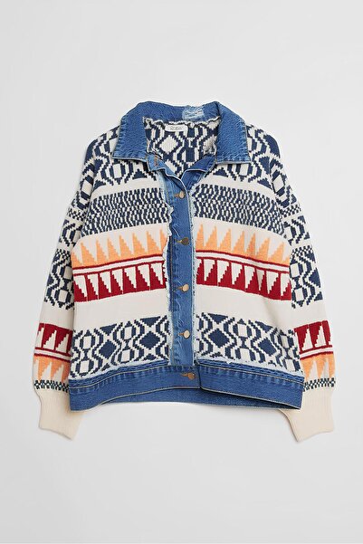 Robin Γυναικεία πλεκτά πουλόβερ ζακέτα Navy Blue Tok Texture oversized - Χρώμα κόκκαλο