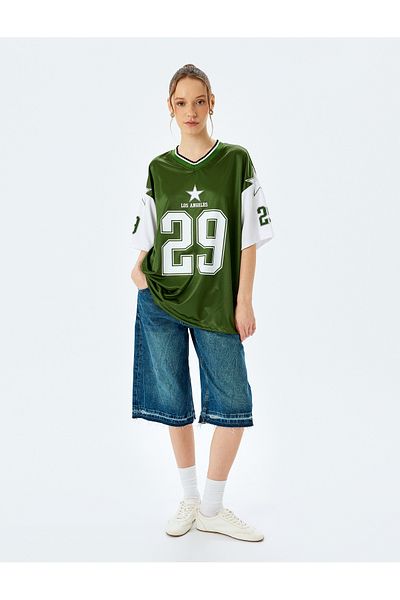 Koton Comfortable Fit Color Block Printed Shiny V-Neck Half Sleeve T-Shirt