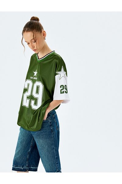 Koton Comfortable Fit Color Block Printed Shiny V-Neck Half Sleeve T-Shirt