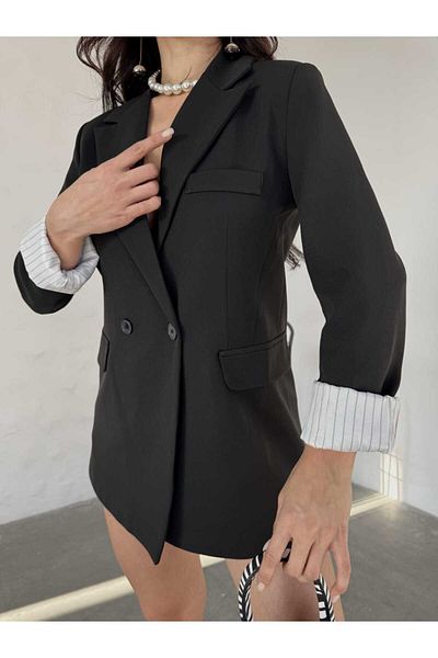 MYGİYİMİSTANBUL Jachetă Blazer Femei-Detaliu cu nasturi Căptușeală interioară în dungi Blazer