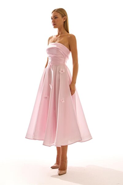 Elbisemhazır 2025 Straplez Çicek Detaylı Minel Kısa Kadın Abiye Elbise