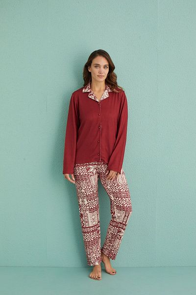 Elit Burgundy Ethnic Pattern Thermal Winter Pajamas Set - Front Button and Gift Dowry