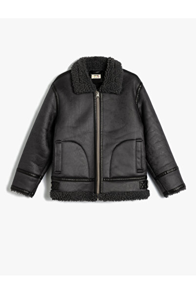Koton Biker Ceket Deri Görünümlü Suni Kürk Yaka Detaylı Fermuarlı