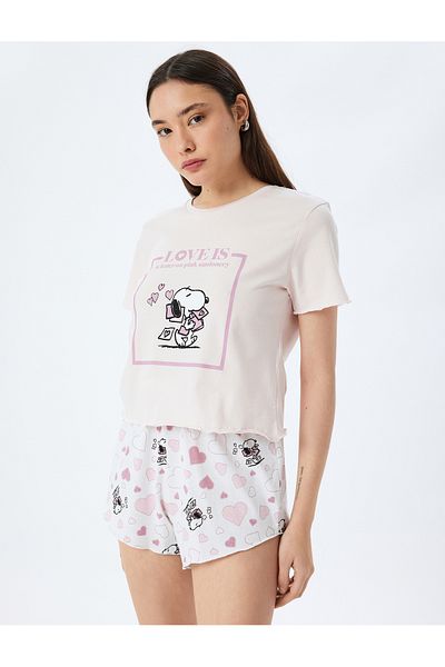 Koton Baumwoll-Pyjama-Set mit kurzärmligen Shorts und Snoopy-Aufdruck