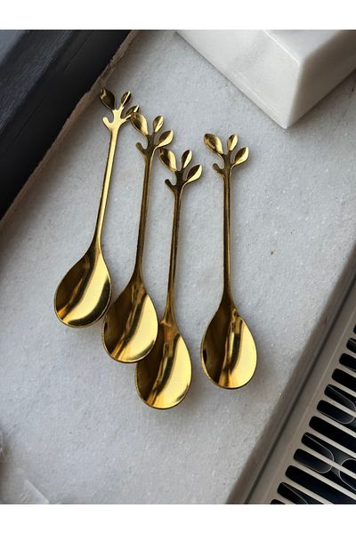 Hatice sakallı design 1Pc Leaf Titanium Gold Teaspoon - Tarnish-Free Gold Tea Coffee Sugar Spice Spoon