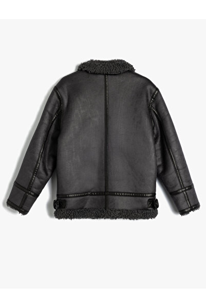 Koton Biker Ceket Deri Görünümlü Suni Kürk Yaka Detaylı Fermuarlı