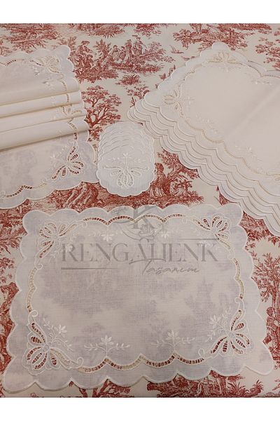 Rengahenk Tasarım Cutting Embroidered Tableware Serving Set 13 Pieces American Serving Runner Napkin