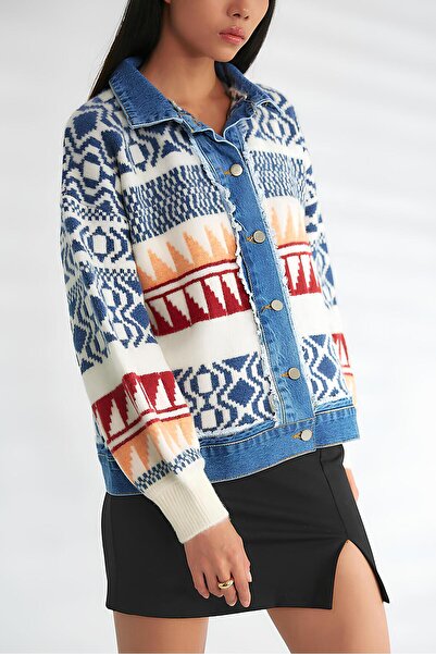 Robin Γυναικεία πλεκτά πουλόβερ ζακέτα Navy Blue Tok Texture oversized - Χρώμα κόκκαλο