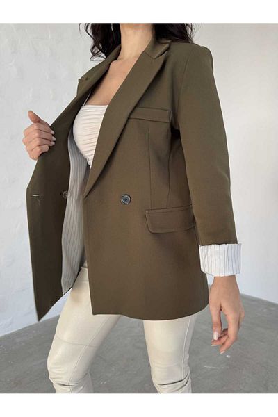 MYGİYİMİSTANBUL Blazer Jacket Women-Button Detail Striped Inner Lining Blazer Jacket