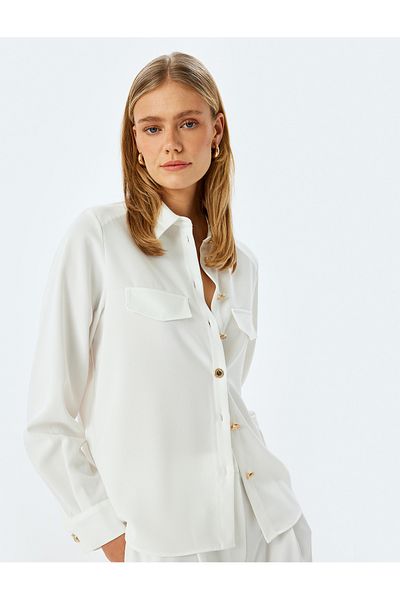Koton Long Sleeve Classic Lapel Crepe Shirt with Applique Detail