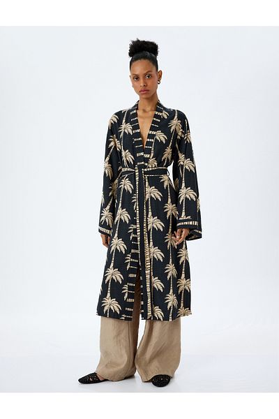 Koton Viscose Cotton Blended Palm Print Long Kimono with Belt