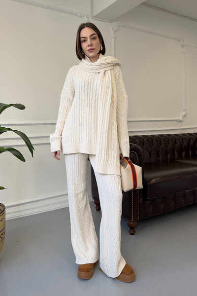 MAGARDE Set șal împletit cu păr crew neck - STONE