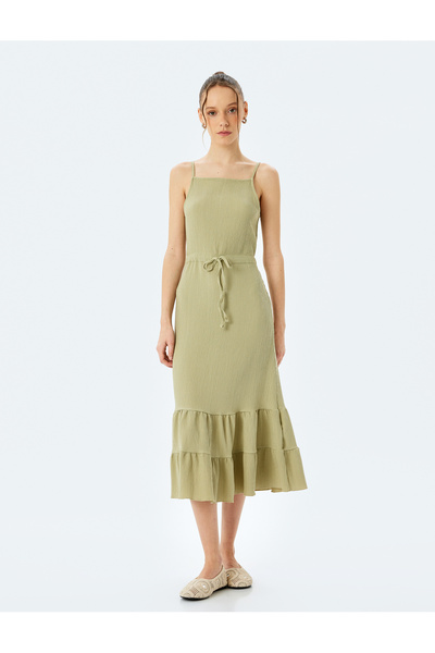 Koton Midi Boy Bürümcük Volanlı Beli Bağcıklı İp Askılı Elbise Bürümcük
