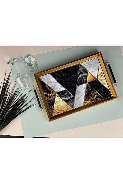 Sembol 50x31cm Black Gold Pyramid Detailed Wooden Tray - A-1013