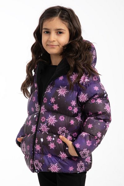 freemen Purple Print Fleece Snowflake - Girls, Waterproof and Windproof, Hooded and Pocketed Inflatable Winter Coat