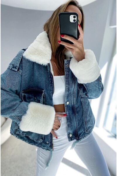 Mevalina White Fur Denim Jeans Jacket Coat
