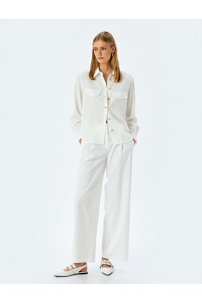 Koton Long Sleeve Classic Lapel Crepe Shirt with Applique Detail